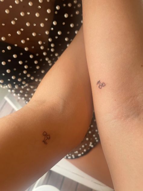 Euro Summer Tattoo, Girls Holiday Tattoo, Small Fun Tattoo Ideas, Small Cherries Tattoo, Matching Tattoos Minimalist, Ibiza Tiny Tattoo, Paris Inspired Tattoos, Small Fun Tattoos, Holiday Tattoos