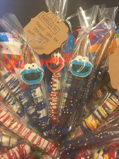 Elmo Pretzel Rods, Sesame Street Pretzel Rods, Chocolate Covered Pretzel Rods, Pretzel Rods, Elmo Birthday Party, Sesame Street Birthday Party, Elmo Birthday, Sesame Street Birthday, Chocolate Covered Pretzels