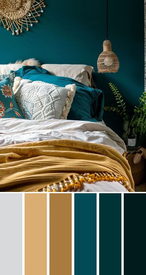 Emerald Green And Teal Bedroom, Navy Teal Gold Color Palette, Teal Room Color Scheme, Deep Turquoise Bedroom, Peacock Bedroom Colors, Dark Teal Bedding Color Combinations, Teal Bedrooms Master, Teal Bedspread Room Ideas, Turquoise Bedroom Aesthetic