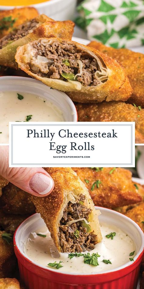 These crispy Philly Cheesesteak Egg Rolls have a crispy wonton wrapper filled with seasoned beef and melty cheese. The perfect appetizer! Meal Appetizers, Beef Egg Rolls, Philly Cheesesteak Egg Rolls, Chicken Spring Rolls, Cheese Appetizer, Philly Cheese, Egg Roll Recipes, Philly Cheesesteak, Egg Roll