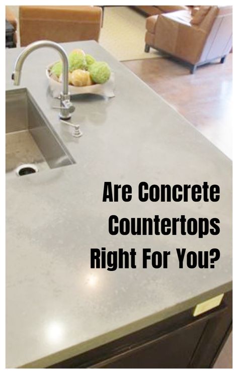 See the pros and cons of having concrete countertops including DIY tips, information about cost, pictures, and more. Concrete Countertops Upkeep, Cement Counters Kitchen, White Concrete Bathroom Countertops, Kitchen Island Concrete Countertop, Cement Counter Top Kitchen, White Concrete Kitchen Countertops, Concrete Looking Countertops, Kitchen With Cement Countertops, White Cement Countertops Kitchen