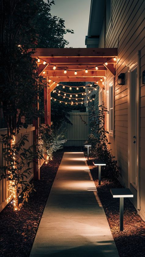 Narrow Side Yard Ideas💖💖 Narrow Pathway Side Of House, Modern Side Yard Landscaping, Narrow Pathway Landscaping, Side Yard Transformation, Long Narrow Side Yard Ideas, Side Alley Ideas, Side Pathway Ideas, Narrow Outdoor Entryway Ideas, Narrow Side Yard Landscaping Ideas