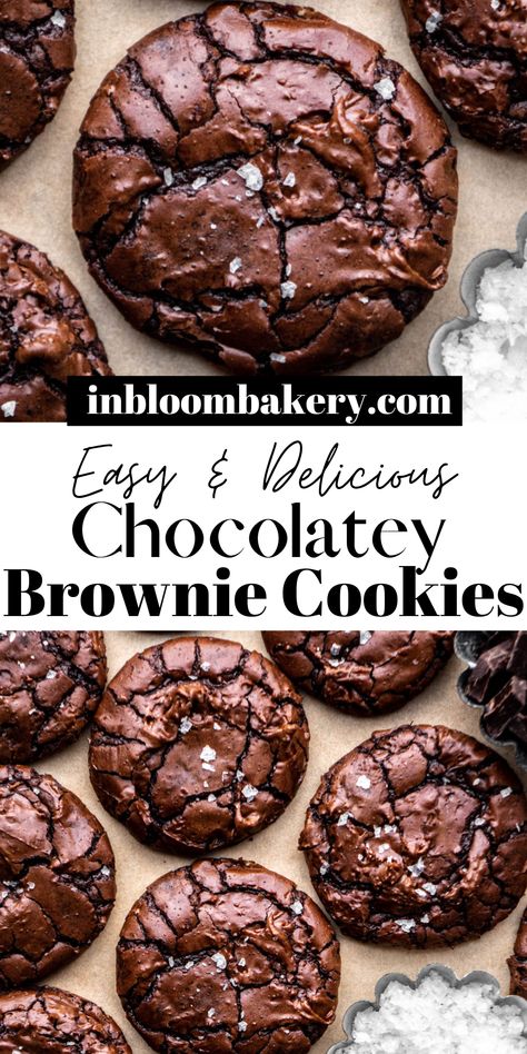 These are chewy, chocolatey brownie cookies with crinkly, shiny tops, gooey centers and a sprinkle of flaky sea salt. Salted Chocolate Brownie Cookies, Nyt Chewy Brownie Cookies, Chewy Chocolate Brownie Cookies, Choc Brownie Cookies, Brownie Cookies Without Chocolate Chips, The Best Chocolate Brownie Cookies, Cookies Brownies Recipe, The Best Chocolate Cookies, Uk Cookie Recipe