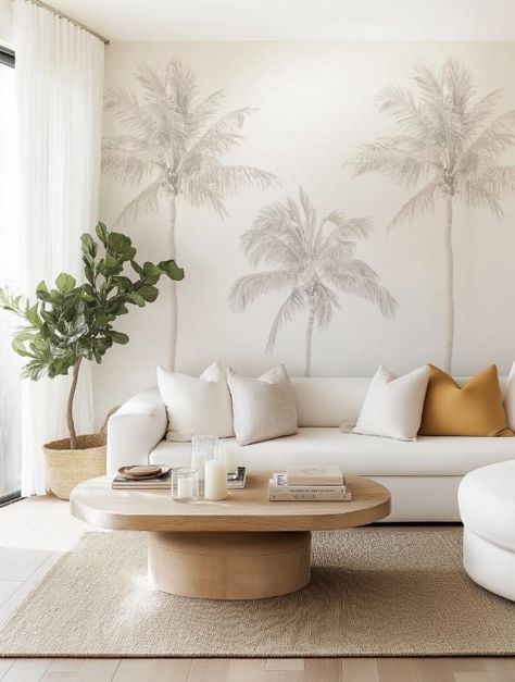 Tropical Palm Mural, Tropical Interior Living Room, Palm Tree In Bedroom, Living Room Trees, Tropical Coastal Interior, Tropical Design Interior, Tropical Minimalist Interior, Wallpaper For Living Room Modern, Wallpaper Beach House