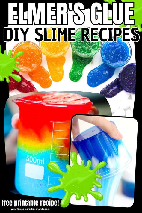 Best Elmer's Glue Slime Recipes - Little Bins for Little Hands Elmers Glue Slime Recipe, Elmers Glue Slime, Slime With Elmers Glue, Glue Slime Recipe, How To Make Slime Without Glue Activator And Shaving Cream, Clear Slime Recipe With Borax And Glue, Elmer’s Glue Slime Recipe, Stretchy Slime, Slime Recipe Kids