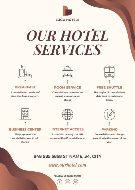 Elegant Gradient Our Hotel Services Flyer Hotel Room Information Booklet, Business Services Flyer, Elegant Flyer Design, Hotel Promotion Poster, Our Services Post Design, Hotel Ads Creative, Hotel Infographic, Hotel Post Design, Hotel Promotion Design