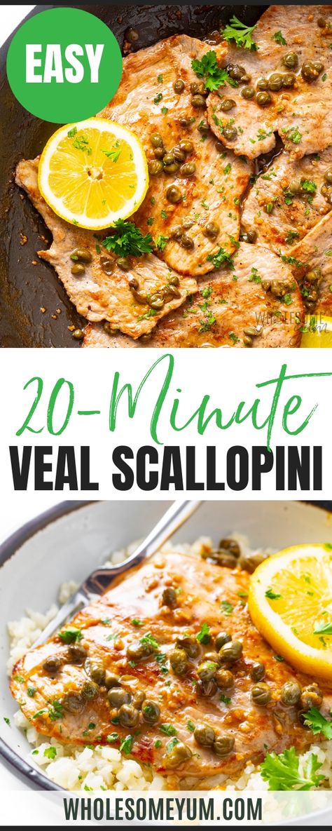 Veal ScallopiniCreamy Mushroom Chicken Tuscan Salmon Smothered Pork Chops Chicken Florentine  - When you can’t decide between chicken or beef, try my veal scallopini recipe! I made this as a twist on my chicken piccata. It’s coated with lemony white wine and caper sauce just the same, but this time with thinly sliced veal cutlets. Think classic bright and buttery vibes like the chicken version, except more flavorful. And even though it takes just 20 minutes, this dish always works for a fancy oc Veal Scallopini Recipes Mushrooms, Veal Scallopini Recipes Simple, Scallopini Pork, Veal Cutlets Recipes, Turkey Scallopini Recipes, Beef Scallopini Recipe, Veal Recipes Cutlets, Veal Cutlet Recipes Easy, Venison Cutlets Recipes