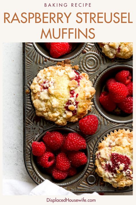 The yummiest one-bowl (ish) Easy Raspberry Muffins start with a moist sour cream muffin batter that is loaded with lemon and bursting with fresh raspberries (frozen raspberries can be used too!). Each muffin is topped with buttery, crispy streusel topping (perfection). Lots of tips on getting a nice, tall muffin top as well as an optional overnight batter rest so you can have fresh-baked muffins in the morning! Lemon Raspberry Streusel Muffins, Raspberry Muffin Recipe, Raspberry Peach Muffins, Healthy Raspberry Muffin Recipes, Sour Cream Raspberry Muffins, Raspberry Crumble Muffins, Muffin Recipes Strawberry, Berry Muffins With Fresh Berries, Frozen Raspberry Recipes