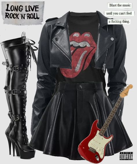 Rock N Roll Aesthetic Outfit, Rock N Roll Outfit For Women, 80 Rock Outfits Women, Rock And Roll Aesthetic Outfit, Rock Star Outfit Women, Rock Girl Outfit, Rock And Roll Outfits, Rock N Roll Outfit, Rock Band Outfits