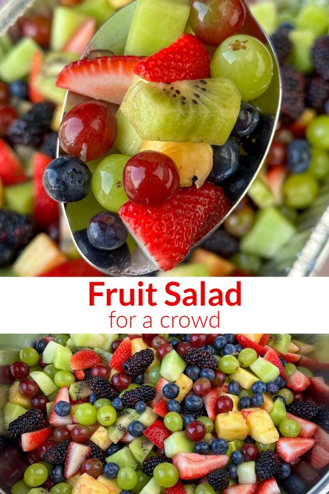 Collage of fruit salad for a crowd on a silver serving spoon and a big bowl of fruit salad. Fruit Salad Appetizer, Fruit Graduation Party, Fruit Salad For 50 People, Big Salad For A Crowd, Tailgate Fruit Ideas, Fruit Bowl Party, Fruit Cups For Party Ideas, Fruit Salad Cups For Party, Fruit At Party