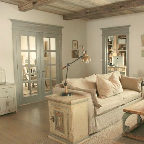 Rustic French farmhouse European country cottage with pale blues and green interiors - Decor de Provence. French Normandy Interior Design, Provence Living Room, European Country Cottage, Provence Style Interior, French Inspired Living Room, Farmhouse European, French Country Settee, European Farmhouse Style, Stone Room