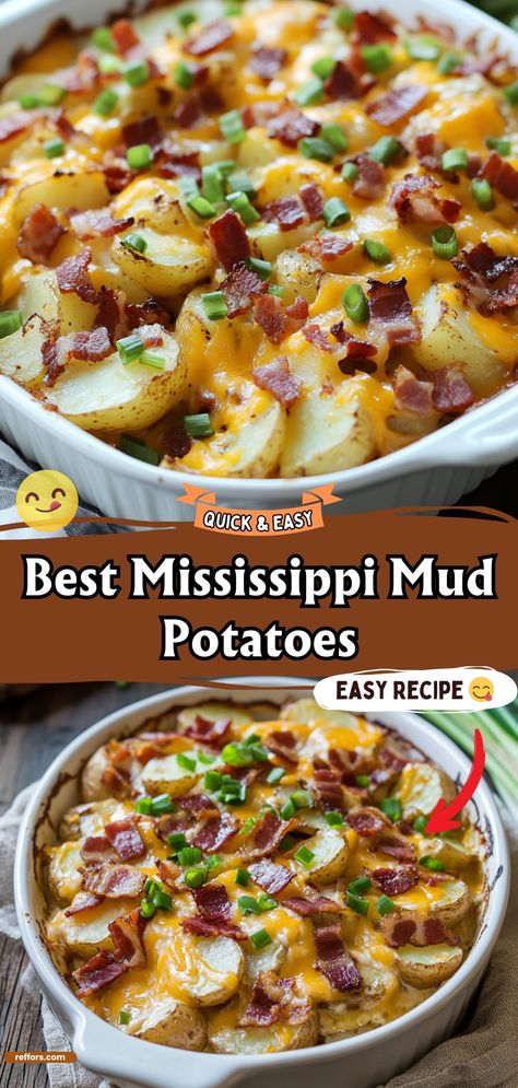 Elevate your potato game with these Best Mississippi Mud Potatoes. Cheesy, creamy, and packed with flavor, they're a must-try for any gathering. #MississippiMud #CheesyPotatoes #ComfortFood Mountain Dew Potatoes, Recipe With Potatoes Easy, Must Know Recipes, Easy Dinner With Potatoes, Potato Vegetable Casserole, Mississippi Mud Potatoes, Loaded Potato Casserole, Perfect Potatoes, Potato Side Dishes Easy