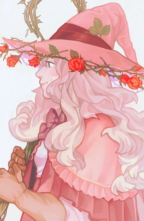 Pink Haired Witch Art, Pink Wizard Dnd, Pastel Witch Art, Girl With Flowers Drawing, Pastel Witch Aesthetic, Cute Witch Art, Rose Monster, Pink Witch Aesthetic, Girly Witch