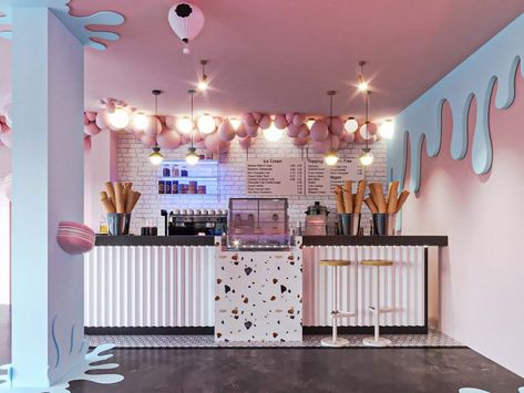 Pink color ice cream store most popular lovely gelato shop design Colorful Shop Design, Bakery And Ice Cream Shop Design, Mobile Soft Serve Ice Cream, Ice Cream Shop Furniture, Ice Cream Interior Design Shops, Cozy Ice Cream Shop, Gelato Store Design, Cool Ice Cream Shops, Ice Cream Shop Interior Design Ideas