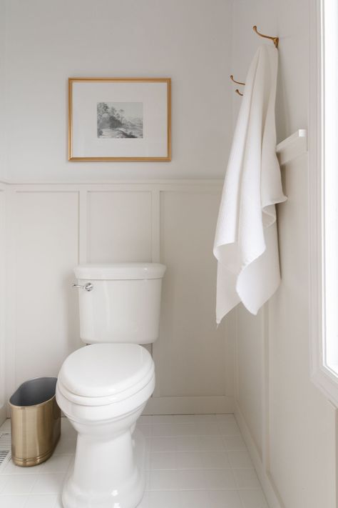 Wainscoting Ideas Bathroom Small Spaces, All White Board And Batten Wall, Bored And Batten Walls Bathroom, Board And Batten Wall Neutral, Decorative Board And Batten Wall, Full Wall Board And Batten Bathroom, Bathroom With Trim On Walls, Beige Board And Batten Bathroom, B Board Walls Bathroom