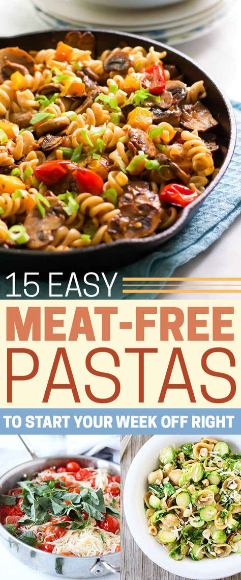 15 Delicious Pastas With No Meat - Meatless Monday just got a whole lot tastier. Healthy Meat Free Dinners, Meat Free Monday Recipes, Easy Meat Free Dinners, Meat Free Dinner Ideas, No Meat Spaghetti Recipes, Spaghetti Recipes No Meat, Meatless Pastas, Meat Free Dinners, Dinner Without Meat