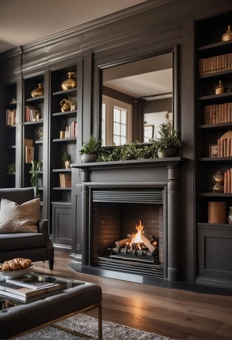 25 Fireplace Accent Wall Ideas to Create the Ultimate Cozy Corner Fireplace Surround Bookshelves, Faux Fireplace Wall With Bookshelves, Study With Fireplace Bookshelves, Shelf Fireplace Ideas, Fake Fireplace Built In, Modern Vintage Living Room Fireplace, Windows On Sides Of Fireplace, Black Traditional Fireplace, Fireplace Focal Wall Ideas