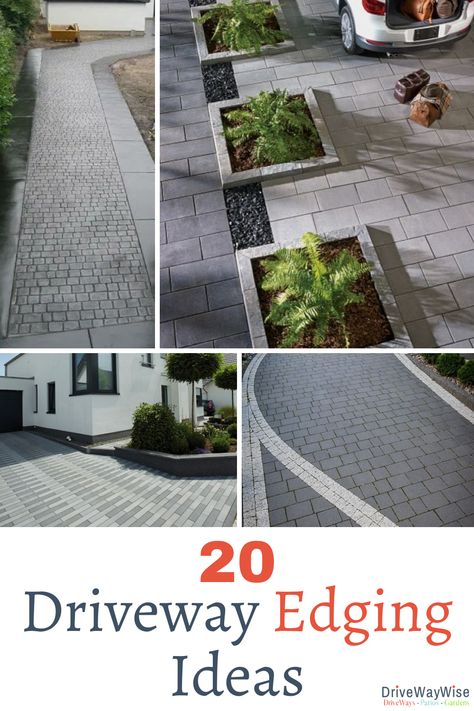 Find the top best driveway edging ideas here. The edge of your driveway provides the finishing touch the overall look of your driveway and front yard. There are many different colour, shape and style options. Make sure you check them out before you order your driveway installation! Driveway edges for block paving, pattern imprinted concrete, resin and more. Modern driveway edging with shrubs and borders are super popular. Be inspired! #drivewayedging #driveways #curbappeal Front Garden Feature Ideas, Paver Edged Driveway, Pavers Around Driveway, Modern Paved Driveway, Drive Paving Ideas, Front Yard Paving Ideas, Driveway Lining Ideas, Driveway Borders Ideas, Front Paving Ideas