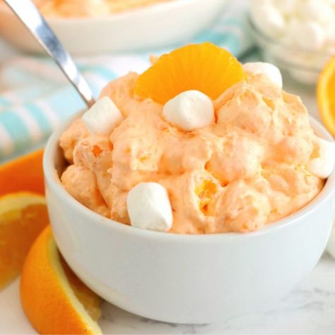 Easy Orange Creamsicle Salad - Bitz & Giggles Orange Creamsicle Salad, Orange Dreamsicle Salad, Orange Dreamsicle Salad Weight Watchers, Orange Jello Desserts Cool Whip, Orange Creamsicle Float, Orange Creamsicle Jello Whips, Ww Orange Fluff Jello Salad Recipe, Orange Dessert, Orange Dreamsicle