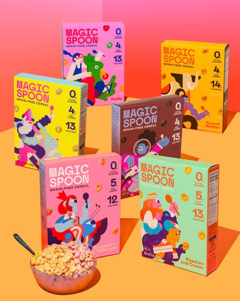 Cereal Box Design Ideas, Bold Packaging Design, Cereal Box Packaging, Cereals Photography, Funky Packaging, Sweet Branding, Magic Spoon Cereal, Cereals Packaging Design, Kids Package Design