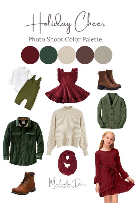 Christmas Color Photo Shoot, Red Green Cream Family Pictures, Christmas Pictures Family Outfits Green And Gold, Christmas Photo Clothing Ideas, Xmas Photo Outfit Ideas, Christmas Coordinating Outfits, Jewel Tone Christmas Family Photos, Maroon And Green Family Pictures Outfits, Christmas Outfit Pictures Family