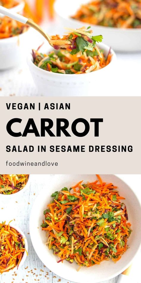 Carrot Slaw Asian, Vegan Carrot Salad Recipes, Asian Carrot Salad Recipes, Asian Salad Vegan, Carrot Salad Asian, Asian Veggie Dishes, Sesame Tomato Salad, Carrot Sesame Salad, Carrot Salad Recipes Healthy