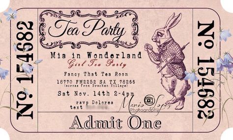 Alice Tea Party Ideas, Invitation Tea Party, Aesthetic Party Invites, Alice In Wonderland Party Aesthetic, Alice In Wonderland Tea Party Aesthetic, Alice In Wonderland Ideas, Disney Party Invitations, Vintage Party Invitations, Alice In Wonderland Sweet 16 Ideas