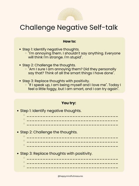 Utilize this worksheet to help challenge negative thoughts or negative self talk. Challenge Negative Thoughts Worksheets, Mantras To Combat Negative Thoughts, Challenge Negative Self Talk, Negative Self Thoughts, Cbt Negative Thoughts, Redirecting Negative Thoughts, Overcome Negative Thoughts, Journal Prompts For Negative Self Talk, No Negative Self Talk