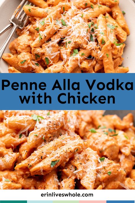 Elevate dinner with this mouth-watering penne alla vodka recipe. Made with penne pasta, sliced chicken breasts, this pasta dish is topped off with a homemade vodka sauce and 2 different kinds of cheese! It's as easy as spaghetti but looks and tastes like a chef-made meal. Penne Vodka With Chicken, Chicken Alla Vodka, Chicken Penne Alla Vodka, Chicken Vodka Pasta Recipes, Penne Alla Vodka Recipe With Chicken, Vodka Sauce Pasta With Chicken, Vodka Chicken Pasta, Chicken With Vodka Sauce, Chicken Vodka Pasta