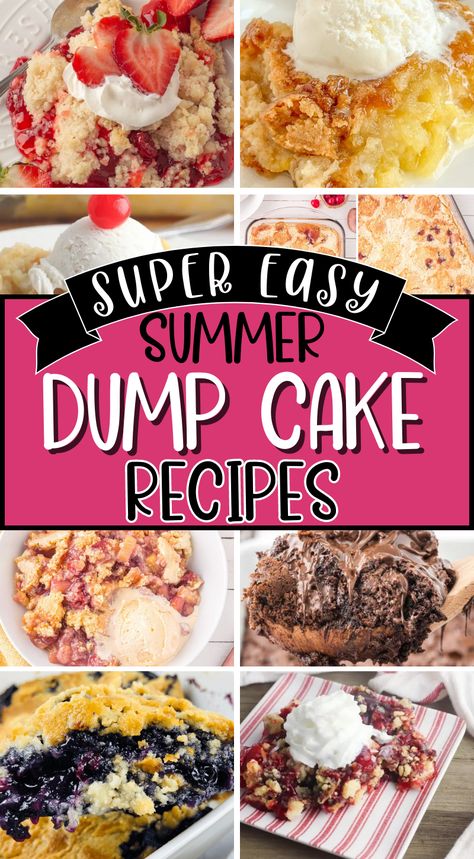 Super easy dump cake recipes on a Pinterest pin Easy Box Dessert Recipes, Dump Cake With Brownies, Quick And Easy Dump Cakes, Lazy Baking Recipes, Simple Dump Cake Recipes, Summer Dump Cake Recipes, White Cake Dump Cake, Dessert Recipes Dump Cake, Box Cake Mix Dump Cake