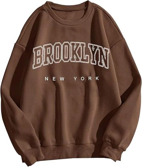 MISSACTIVER Women Casual Brooklyn New York Letter Graphic Sweatshirt Crewneck Drop Shoulder Fleece Pullover Shirt Tops(Medium,Brown) at Amazon Women’s Clothing store Brooklyn Shirt, New York Sweatshirt, Stylish Hoodies, Classy Casual Outfits, Sweatshirt Outfit, Sweatshirt Crewneck, Sweater Brands, Brooklyn New York, Print Graphic