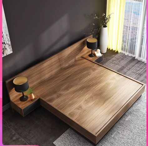 Side Table Attached To Bed, Bedroom Interior Beds & Frames, Master Bed Design Wooden, Wooden Bed Modern Design, Cot With Side Table Design, Simple Modern Wall Decor, Bed With Attached Side Tables, Bedframe With Side Tables, On The Floor Bed Frame