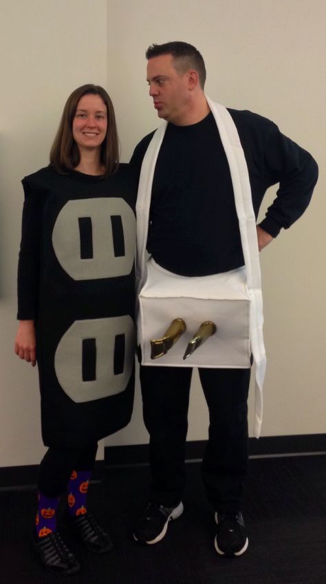 Ashels and I nailed it. Plug and Outlet. Funny Couples Halloween Costume Funny Costume For Men, Plug And Outlet Costume, Halloween For Couples Costumes, Halloween Costumes Easy Couples, Tampon Halloween Costume, Funniest Couple Costumes, Weird Couples Costumes, Couple Costumes For Halloween Funny, Funny Partner Costumes