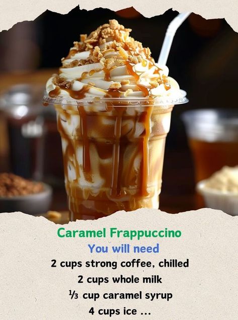 Cooking Family Recipes | Caramel Frappuccino | Facebook Carmel Frappachino, Frappachino Recipe, Caramel Frappuccino Recipe, Grilled Cheese Hot Dog, Homemade Butterbeer, Frappe Recipe, Caramel Frappuccino, Frappuccino Recipe, Peach Lemonade