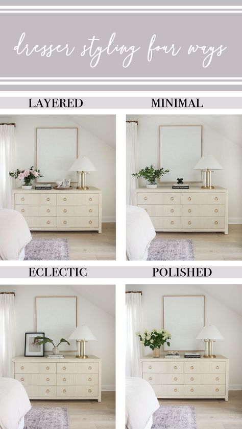 Styling Dresser Under Tv, How To Style A Bedroom Chest Of Drawers, Styled Dresser With Mirror, Decorating Dresser With Tv Above, Dresser Decor Neutral, Master Room Dresser Decor, Bedroom Dresser Under Tv Decor, Bedroom Dresser Decor Minimalist, White Dresser Styling Bedroom