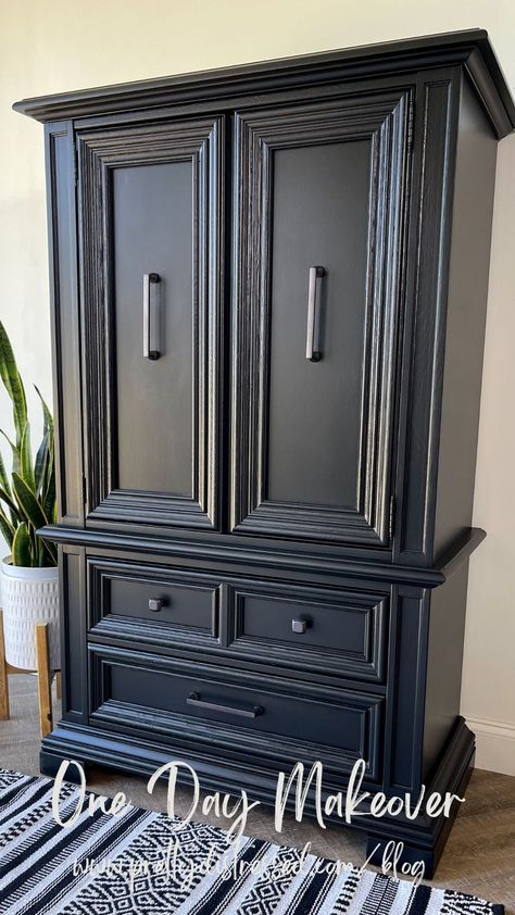 Repaint Armoire Ideas, Black Painted Armoire, Computer Armoire Makeover, Update Armoire Furniture Makeover, Painting An Armoire Ideas, Old Tv Armoire Makeover, Styling An Armoire, Painting Armoire Ideas Diy, Black Armoire Makeover