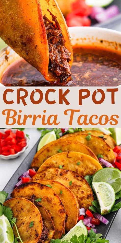 Easy Crock Pot Birria Tacos is a juicy and flavorful way to enjoy Birria Tacos at home. Tender meats cooks in a delicious sauce for a delicious meal idea. These Birria Taco Meat, also know as quesabirria tacos, cook easily in the slow cooker. Crispy corn tortillas are filled with the juicy meat creates delicious tacos that everyone will love. #eatingonadime #crockpotbirriatacos #easyrecipe Crockpot Taco Pie, Short Ribs Tacos Slow Cooker, Crockpot Birria Tacos Recipe, Crock Pot Barrio Tacos, Birria Sauce Recipe Mexican Easy, Birria Tacos Crock Pot, Easy Crock Pot Birria Tacos, Easy Beef Birria Tacos Recipe, Roast Beef Tacos Crock Pots