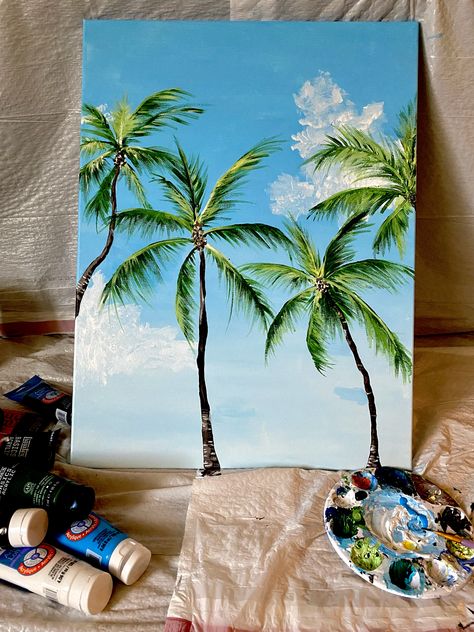 Painting Ideas Hawaii, Beach Vibe Painting, Summer Painting Acrylic, Things To Paint Beachy, Acrylic Painting Palm Trees, Aesthetic Summer Paintings, Cute Beach Paintings, Florida Painting Ideas, Hawaii Painting Ideas