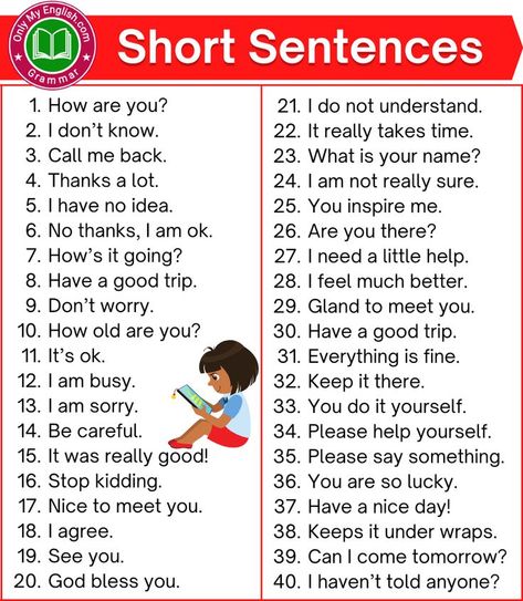 Daily Sentences In English, English Sentences For Daily Use In School, English Sentences For Daily Use, Basic Daily Use English Sentences, English Reading Skills, Advanced English Daily Use Sentences, English Conversation For Kids, Teaching Reading Skills, English Phrases Sentences