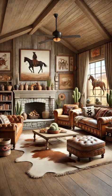 Western Fireplace Ideas, Cowhide Living Room Ideas, Western Fireplace, Western Decor Ideas, Cowboy Living Room, Southwest Living Room, Rustic Living Rooms, Western Interior Design, Western Living Rooms