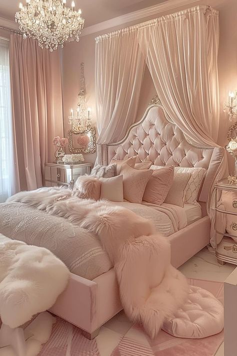 Give her a royal atmosphere with these 20 princess-themed girls' bedroom ideas. Each design transforms everyday spaces into regal chambers fit for a young princess, featuring luxurious fabrics and regal decor. Visit our website to choose a majestic theme she will adore! Fabric Bed Ideas, Room Decor Ideas Princess, Canopy Bedding Ideas, Luxurious Pink Bedrooms, Princess Theme Bedroom Ideas, Cozy Princess Bedroom, Fantasy Princess Bedroom, Princess Bed Ideas, Bed Room For Girl Room