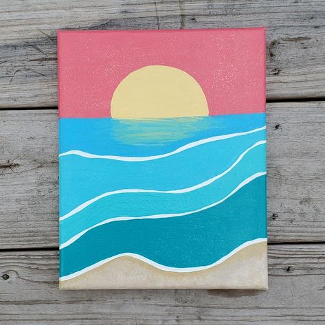 Bring The Beach To Any Space With This Minimalist Sunset Painting. Signed By Artist, Sealed To Keep The Paint Fresh And Bright. Do Not Wet* This Painting Is Sure To Fill A Space With Bright Color, And Has A Subtle Glitter Top Coat To Add Some Extra Shine. 810 Inch Stretched Canvas Over Wooden Frame. Ready To Hang Or Can Be Proped Up. All Edges Are Painted, Arist Initials On Side. Cute Painting Inspiration, Preppy Things To Paint On Canvas Easy, Small Easy Canvas Art, Simple Cute Things To Paint, Summer Simple Paintings, Beachy Easy Paintings, Painting Inspo On Canvas, Summer Things To Paint On Canvas, Cute Easy Summer Paintings