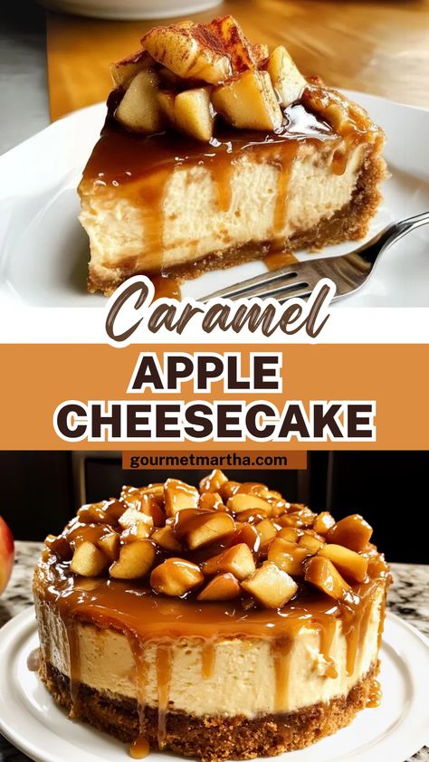 This Caramel Apple Cheesecake is the ultimate fall dessert! With creamy cheesecake, spiced apples, and rich caramel sauce, it's a flavor-packed treat that screams autumn. Whether you're hosting a gathering or treating yourself, this indulgent dessert is a must-try. Unlock the secret to this amazing dish – get the recipe now! #CaramelAppleCheesecake #FallDesserts #CheesecakeRecipe #EasyCheesecake #AppleCheesecake #CaramelDessert #BakingInspiration #AutumnRecipes #SweetTreats #DessertLovers Cheesecake With Apple Topping, Carmel Apple Cheesecake No Bake, Thanksgiving Cheesecakes, No Bake Cheesecake Desserts, Cheesecake Caramel Apple, Caramel Apple Toppings, Apple Cider Cheesecake, Easy Caramel Apple Cheesecake, Thanksgiving Desserts Cheesecake