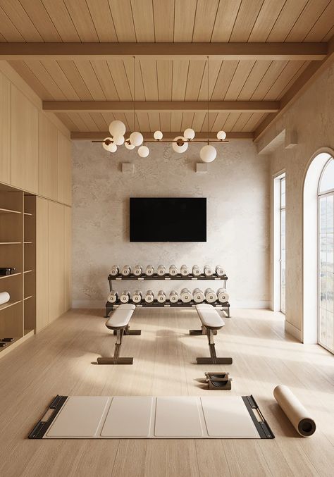 Home Gym Luxury Design, Japandi Home Gym, Beautiful Home Gym, Japandi Gym, At Home Yoga Studio, High End Gym, Gym Room Design, Home Gym Design Luxury, Basement Home Gym