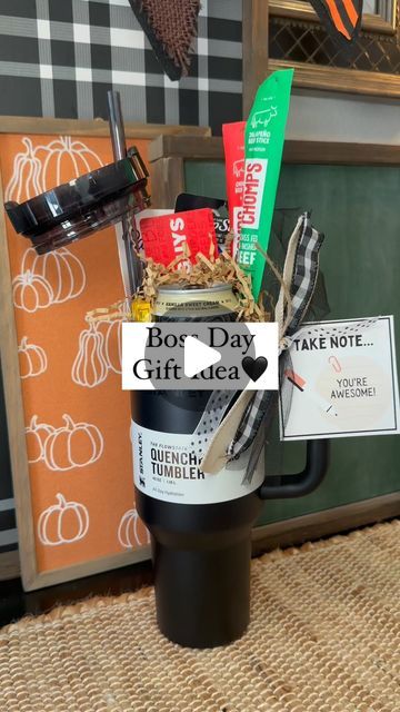 Kaycee Greer on Instagram: "Easy Boss’s Day Gift Idea! Take note you’re awesome!! Filling this new tumbler with a little bit of everything 🖤 Adding a gift card is a fun little touch. Gift it with or without. Happy Gifting!!🖤⭐️ @stanley_brand @chomps @paper_mate 

💫Follow @thegiftstagram for more gift ideas! 
💫Like this post & comment Shop for the links. 

#bossday #gifts #gifting #giftingideas #giftingmadeeasy #giftsforhim #giftideasforhim #gifted #giftgiving #stanleytumbler #officegifts #corporategifts #corporategifting #coworkergifts #coworkergift #giftwrapping #giftguide #giftbasket" Stanley Stuffed Gift, Brumate Gift Ideas, Admin Christmas Gift Ideas, Tumbler Filled Gift Ideas, Beer Mug Gifts Ideas Filled, Yeti Cup Gift Basket Ideas, Filled Stanley Cup Gift Ideas, Stanley Cup Gift Basket Ideas, Stanley Gift Ideas Filled