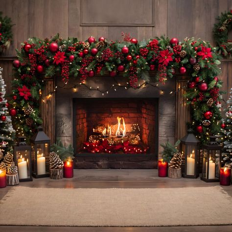 Fireplace For Christmas Decorate, Houses Christmas Decorations, Christmas Rose Arrangement, Christmas Fireplace Backdrop, Tall Fireplace Christmas Decor, Classic Christmas Fireplace Decor, Navy And Orange Christmas Decor, Red Decoration Christmas Tree, Christmas Garland For Fireplace