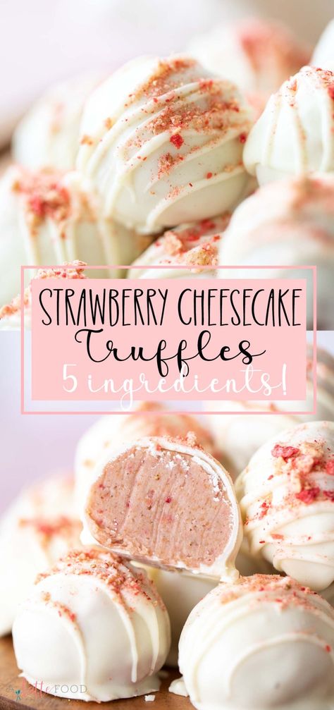 The best Strawberry Cheesecake Truffles are made with only five ingredients! This cheesecake truffle recipe begins with graham crackers, cream cheese, and freeze dried strawberries. The strawberry truffles are dipped in white chocolate, and they taste just like a slice of strawberry cheesecake. Best Strawberry Cheesecake, Cheesecake Truffles Recipe, Strawberry Truffles, Cheesecake Fudge, No Bake Strawberry Cheesecake, Yummy Candy, Cheesecake Truffles, Cake Ball Recipes, Truffle Shuffle