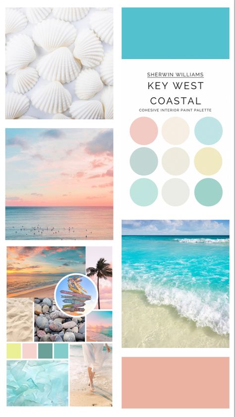 Key West Coastal Interior Paint Palette Apartment Room Color Schemes, House Interior Colour Palette, Coastal House Colours, Good Color Schemes For Bedrooms, Beach Bedroom Color Palettes, Light And Airy Paint Palette, Beachy Colors For Walls, Coastal Kitchen Palette, Florida Paint Colors Exterior