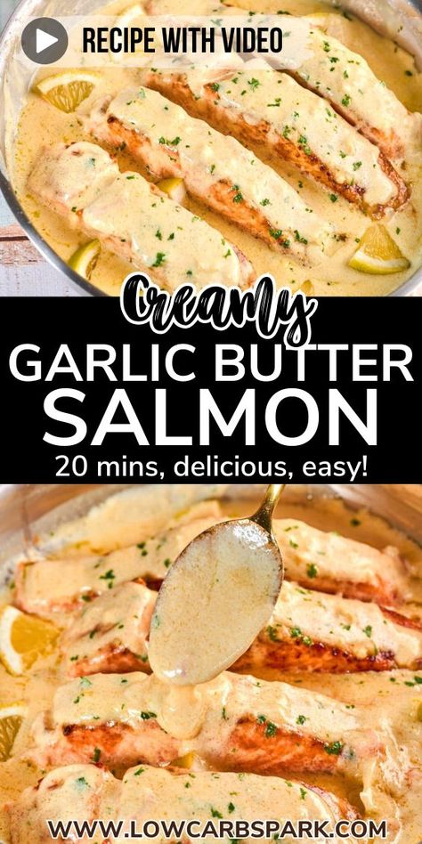 This 20-minute one-skillet salmon with creamy garlic sauce is quick to make with minimal effort. Enjoy perfectly pan-seared salmon complemented by a rich, garlicky cream sauce. It's the ultimate treat for any occasion! Garlic Cream Sauce For Salmon, Salmon Recipes Cream Sauce, Creamed Salmon Recipes, Pan Seared Salmon Bites, Salmon Recipes For One Person, Recipes Using Salmon, Salmon And Gnocchi, Creamy Garlic Butter Salmon, Salmon With Sauce Recipes