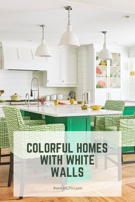 Want to add color to your home without painting the walls? Check out these homes that have bright white walls and are paired with colorful design accents. White Walls With Colorful Decor, White Walls With Pops Of Color, White Walls Colorful Furniture, White Walls With Bright Accents, White Walls Bright Furniture, White House Colorful Accessories, Colorful Home White Walls, Add Color To All White Kitchen, Decorating With White Walls